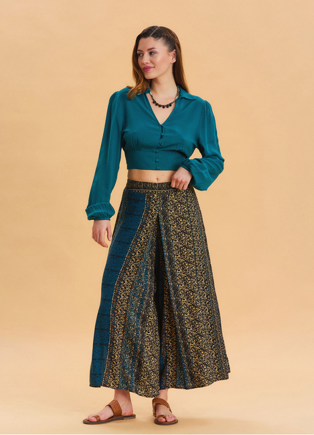 Elasticated Waistband with Slit Detail  Petrol Blue Wide Leg Trousers 4840